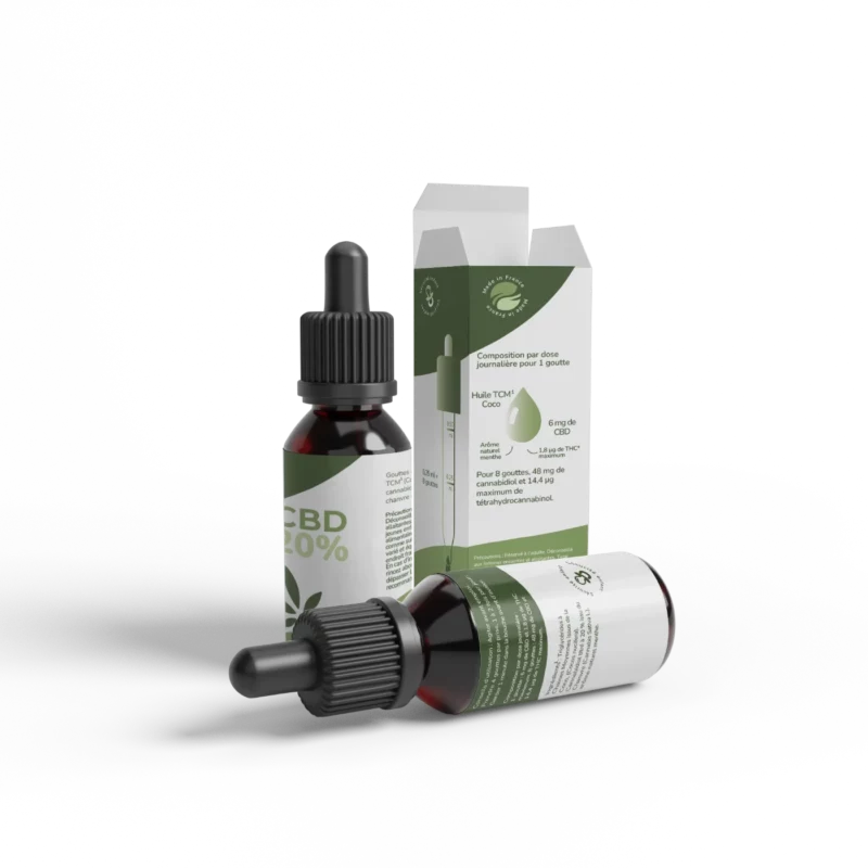 Flacon d'huile de CBD français dosé à 20% de cannabidiol