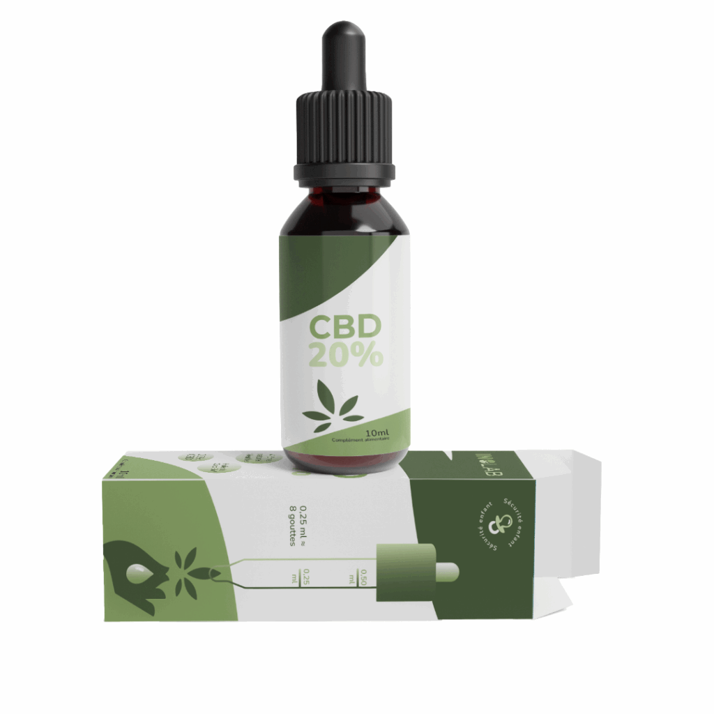 Flacon d'huile de CBD français dosé à 20% de cannabidiol