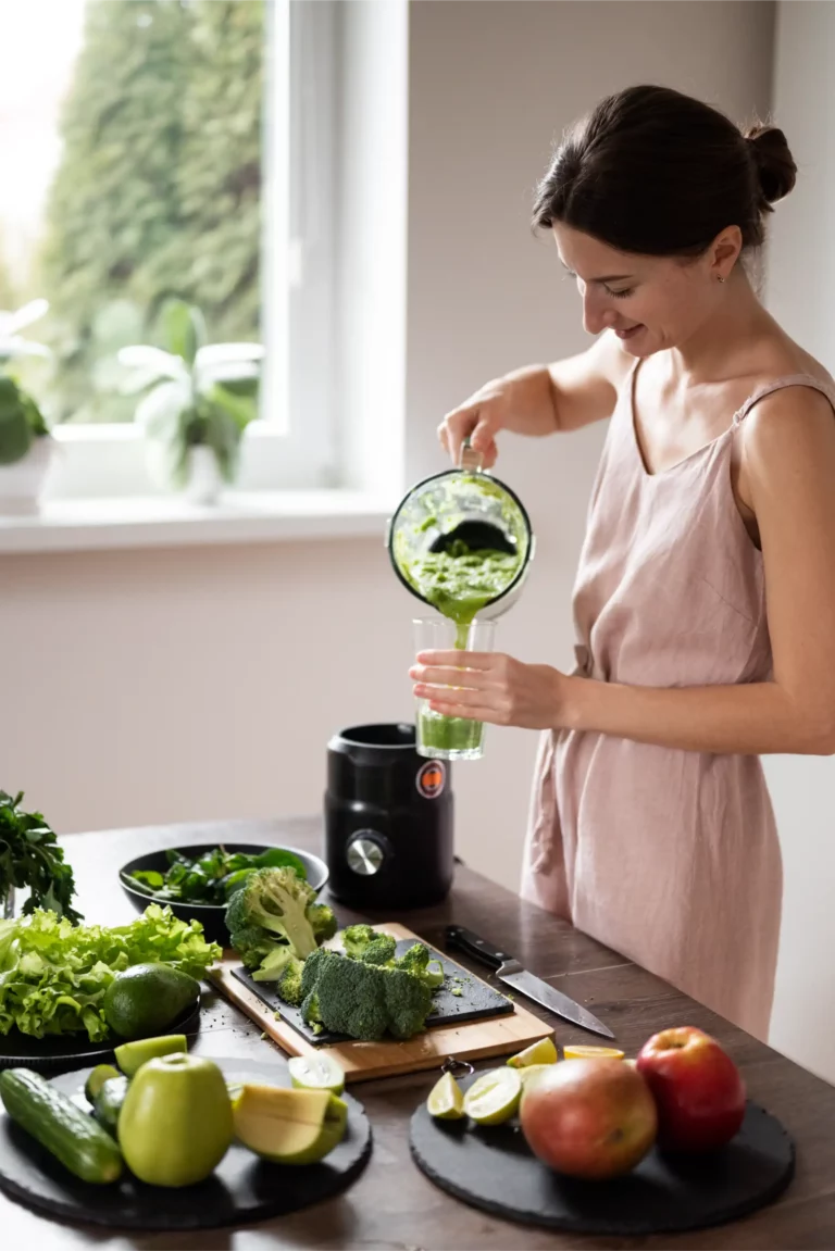 Femme en train de préparer des légumes verts riches en fibres pour favoriser une bonne digestion et éliminer les toxines