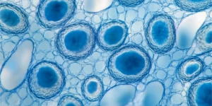 Gros plan de cellules observees au microscope montrant la degeneration cellulaire liee au vieillissement biologique