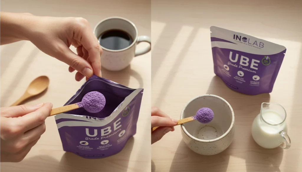 Preparation boisson a base de poudre d ube Inolab apres son passage dans Qui veut etre mon associe