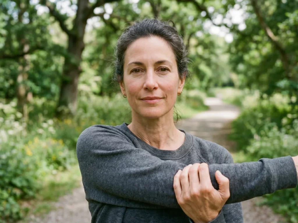 Femme effectuant des étirements du bras en extérieur pour soulager les douleurs articulaires et la fonte musculaire, symptômes courants de la périménopause entre 38 et 51 ans