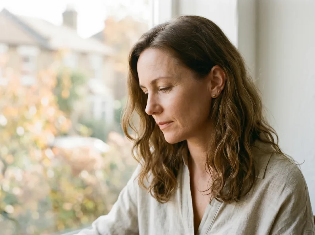 Femme d'âge moyen en période de périménopause, regardant par la fenêtre avec une expression réfléchie, illustrant les changements émotionnels et les troubles du sommeil liés à la transition ménopausique