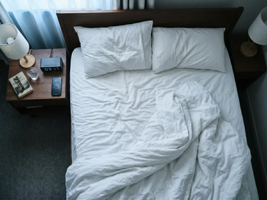 Lit défait avec réveil affichant l'heure nocturne, illustrant les troubles du sommeil et les bouffées de chaleur nocturnes, symptômes majeurs de la périménopause durant 4 à 8 ans