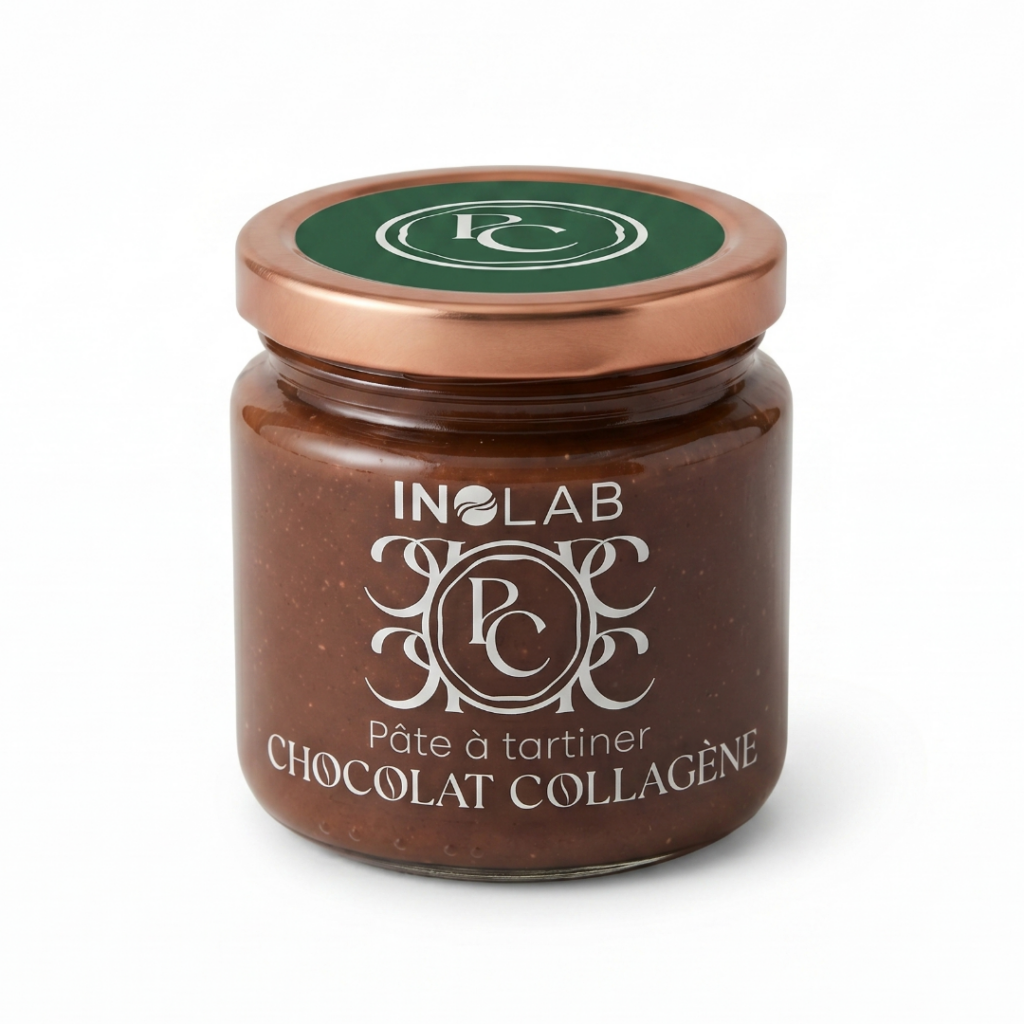 Pot de pâte à tartiner chocolat collagène Inolab × Patrice Cayuela, fond teal, produit centré