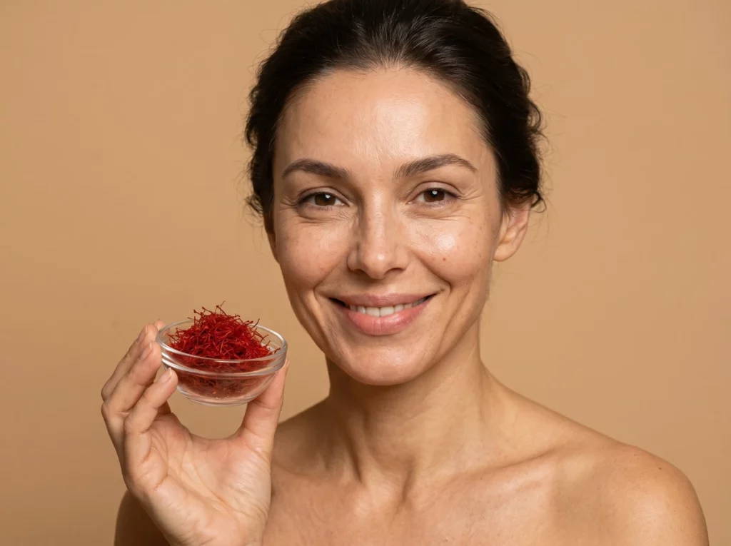 Femme ménopausée souriante tenant un bol de safran en poudre, complément naturel pour accompagner l'équilibre émotionnel au quotidien et retrouver l'équilibre émotionnel pendant la ménopause
