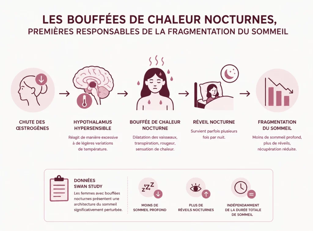 Infographie Inolab Laboratoire illustrant le mécanisme des bouffées de chaleur nocturnes à la ménopause : la chute des œstrogènes rend l'hypothalamus hypersensible, provoquant des bouffées de chaleur, des réveils nocturnes répétés et une fragmentation du sommeil avec moins de sommeil profond, selon les données de la SWAN Study