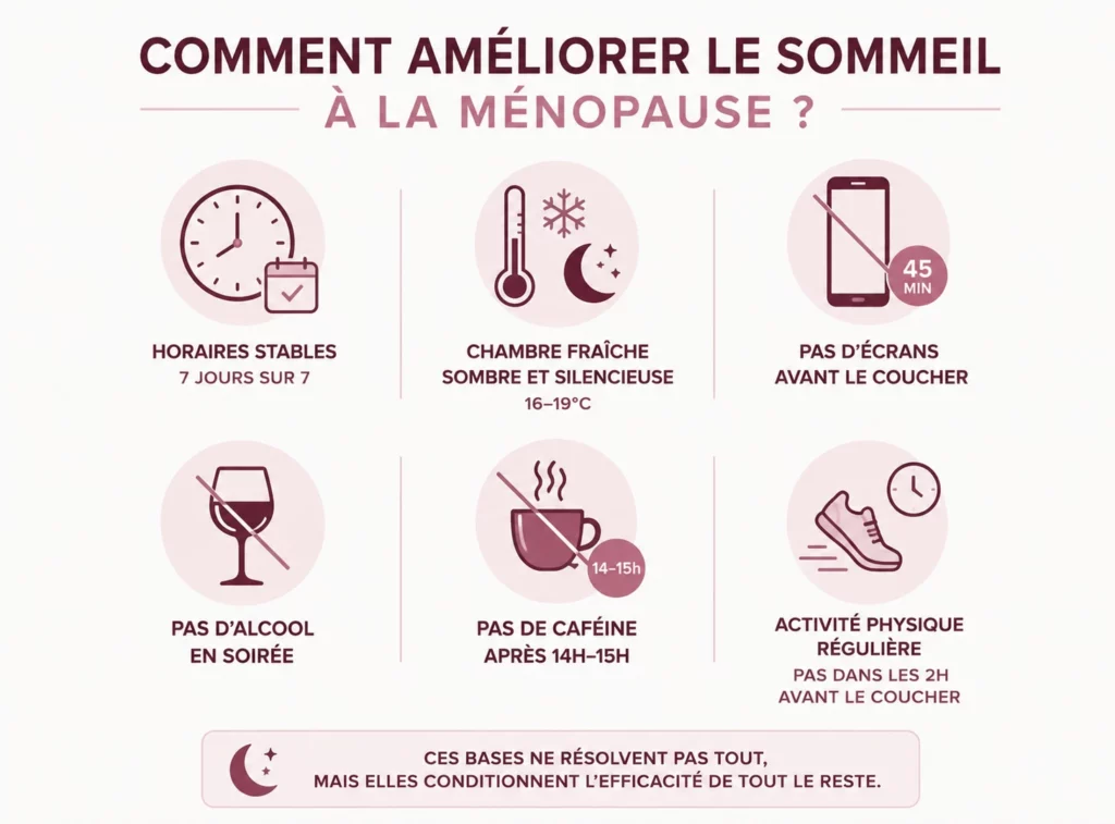 Infographie Inolab Laboratoire présentant 6 conseils pour améliorer le sommeil à la ménopause : horaires stables 7j/7, chambre fraîche entre 16 et 19°C, pas d'écrans 45 minutes avant le coucher, pas d'alcool le soir, pas de caféine après 14h-15h et activité physique régulière
