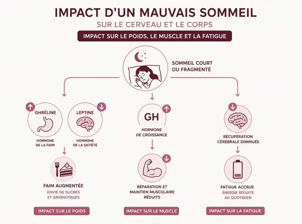 Infographie Inolab Laboratoire expliquant les effets d'un sommeil court ou fragmenté à la ménopause : hausse de la ghréline et baisse de la leptine entraînant faim et grignotages, diminution de l'hormone de croissance GH réduisant la réparation musculaire, et récupération cérébrale diminuée causant fatigue et énergie réduite au quotidien