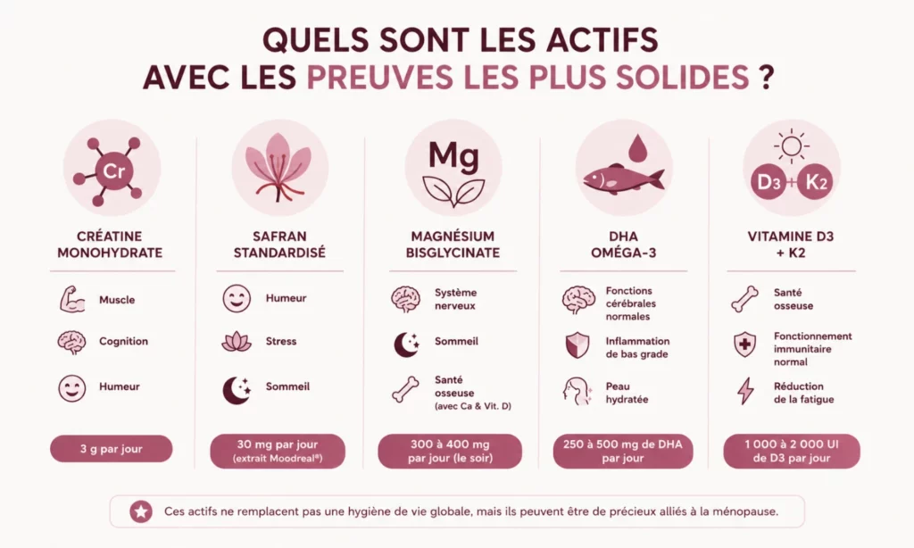 Infographie Inolab Laboratoire comparant les 5 actifs aux preuves les plus solides pour la ménopause : créatine monohydrate 3g/j pour le muscle et la cognition, safran standardisé Moodreal 30mg/j pour l'humeur et le sommeil, magnésium bisglycinate 300 à 400mg/j pour le système nerveux, DHA oméga-3 Epax 250 à 500mg/j pour les fonctions cérébrales, et vitamine D3 K2 1000 à 2000 UI/j pour la santé osseuse et immunitaire