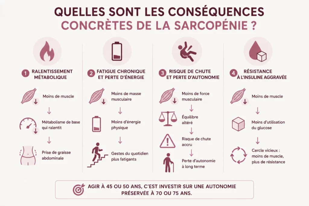 Infographie Inolab Laboratoire présentant les 4 conséquences concrètes de la sarcopénie : ralentissement métabolique avec prise de graisse abdominale, fatigue chronique et perte d'énergie, risque de chute et perte d'autonomie, et résistance à l'insuline aggravée, avec le message clé : agir à 45 ou 50 ans, c'est investir sur une autonomie préservée à 70 ou 75 ans