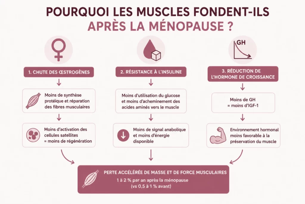 Infographie Inolab Laboratoire expliquant les 3 causes hormonales de la fonte musculaire après la ménopause : la chute des œstrogènes réduit la synthèse protéique et la régénération musculaire, la résistance à l'insuline diminue l'acheminement des acides aminés vers le muscle, et la réduction de l'hormone de croissance crée un environnement défavorable à la préservation du muscle, entraînant une perte accélérée de 1 à 2 % de masse musculaire par an