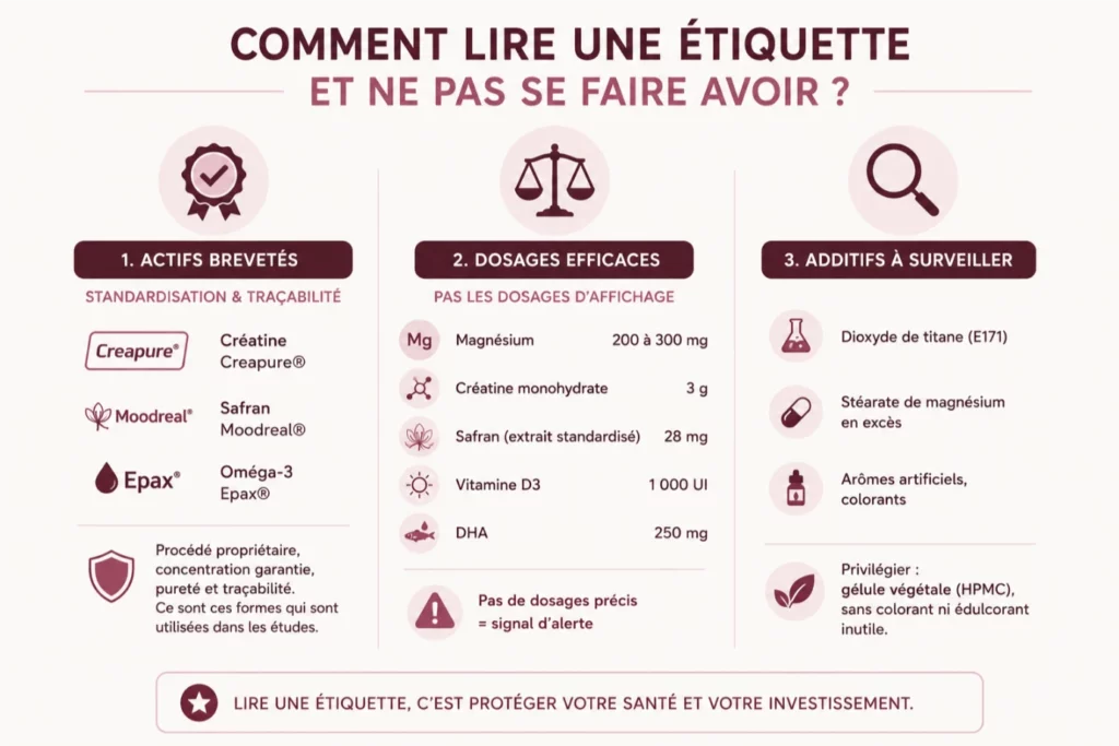 Infographie Inolab Laboratoire expliquant comment décrypter l'étiquette d'un complément alimentaire : privilégier les actifs brevetés comme Creapure, Moodreal et Epax avec standardisation et traçabilité, vérifier les dosages efficaces comme 200 à 300mg de magnésium ou 3g de créatine, et éviter les additifs suspects comme le dioxyde de titane E171, le stéarate de magnésium en excès et les colorants artificiels