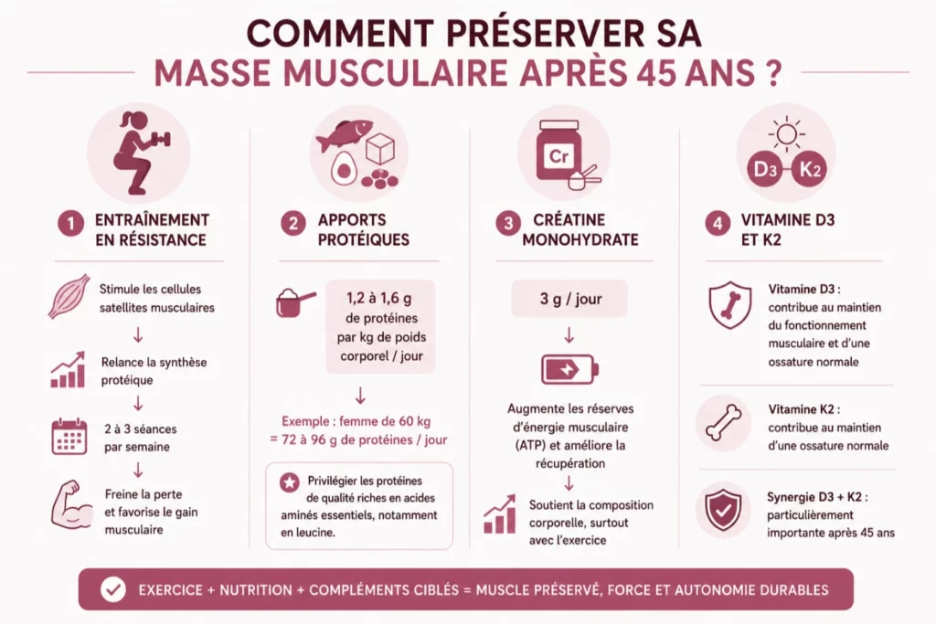 Infographie Inolab Laboratoire sur les 4 leviers pour préserver la masse musculaire après 45 ans : l'entraînement en résistance 2 à 3 fois par semaine, les apports protéiques de 1,2 à 1,6 g par kg de poids corporel par jour, la créatine monohydrate à 3 g par jour pour augmenter les réserves d'énergie musculaire, et la synergie vitamine D3 et K2 pour le maintien du fonctionnement musculaire et osseux