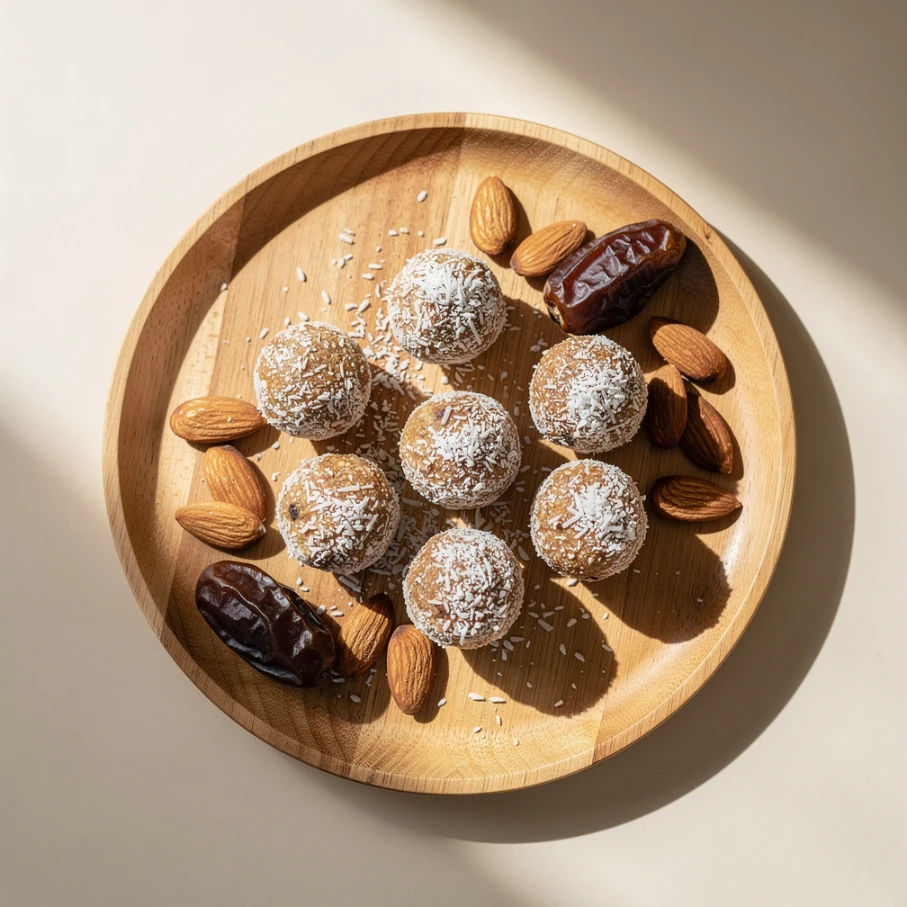 Assiette d'energy balls maison à base de complément alimentaire pour femme ménopausée, dattes, amandes et noix de coco râpée, en-cas sain et gourmand