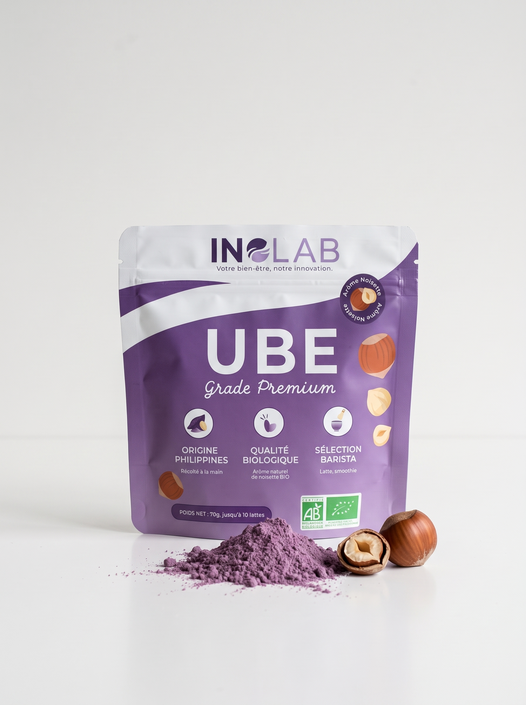 Pochon d'Ube Noisette bio Inolab avec poudre d'ube violette et noisette entière sur fond blanc