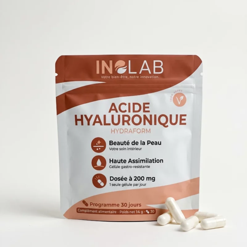 Sachet HYDRAFORM Inolab : acide hyaluronique en gélules gastro-résistantes, 100 % végan, fabriqué en France