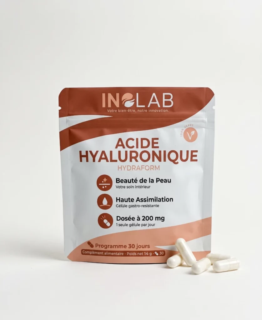 Sachet HYDRAFORM Inolab : acide hyaluronique en gélules gastro-résistantes, 100 % végan, fabriqué en France