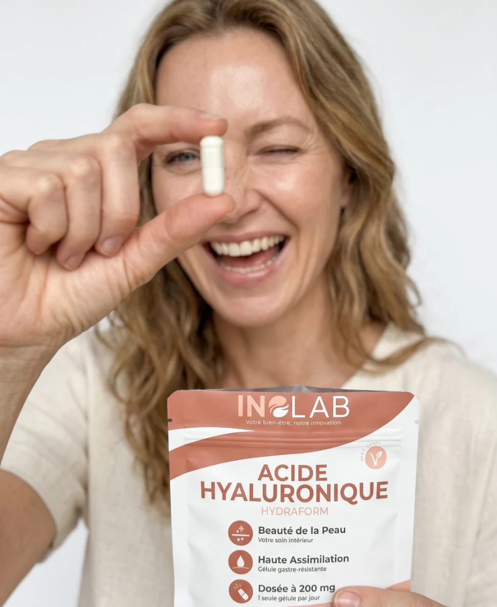 Infographie HYDRAFORM : acide hyaluronique pour l'hydratation de la peau, routine beauté de l'intérieur