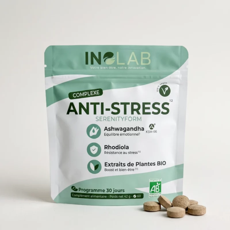Sachet SERENITYFORM Inolab : 60 comprimés d'ashwagandha KSM-66® et de rhodiola bio, fabriqués en France