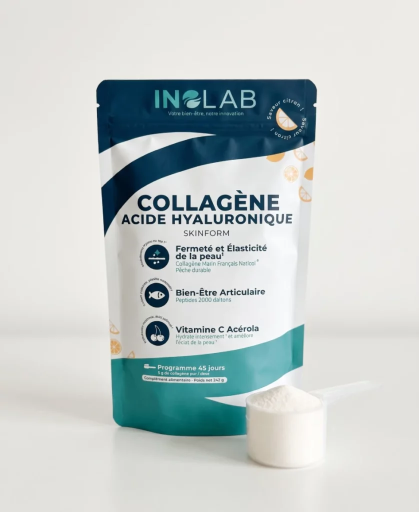 Sachet SKINFORM Inolab : collagène marin Naticol® en poudre, acide hyaluronique et vitamine C, 4 arômes