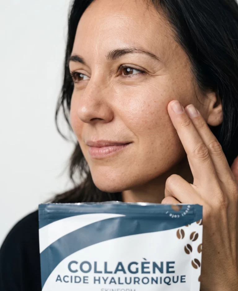 SKINFORM dans un verre avec du citron et donnée d'étude sur l'élasticité de la peau après 8 semaines de collagène