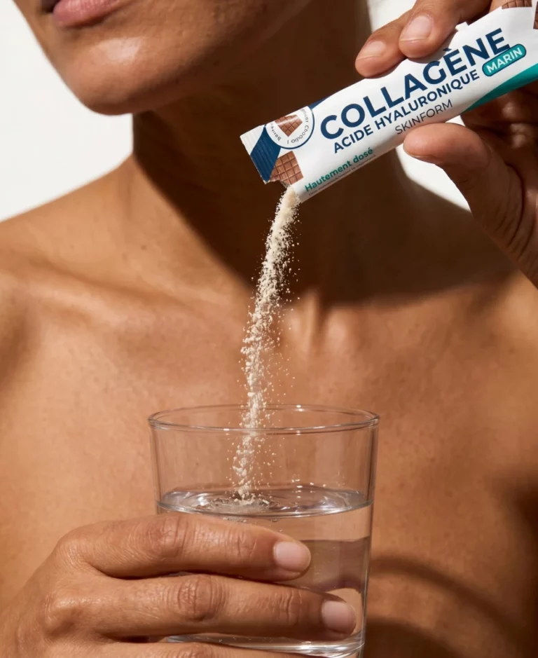Infographie SKINFORM Nomade : collagène marin, acide hyaluronique et vitamine C pour la peau et les articulations