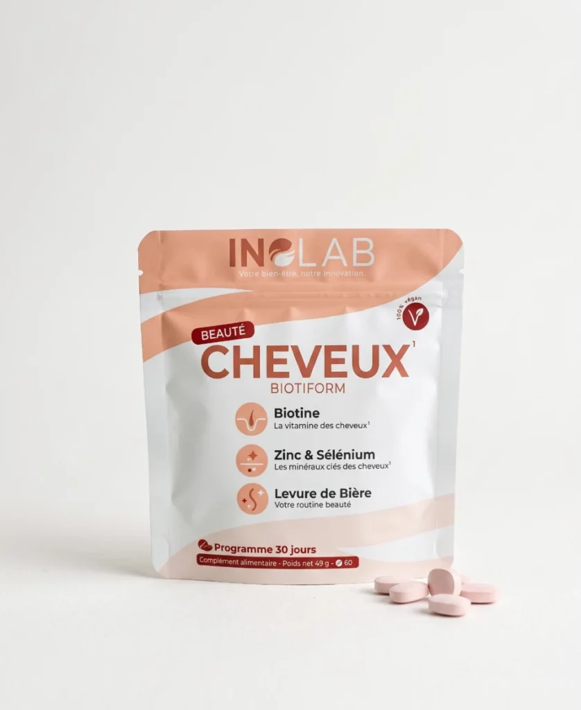 Sachet BIOTIFORM Inolab : 60 comprimés de biotine, zinc, sélénium et levure de bière pour cheveux et ongles