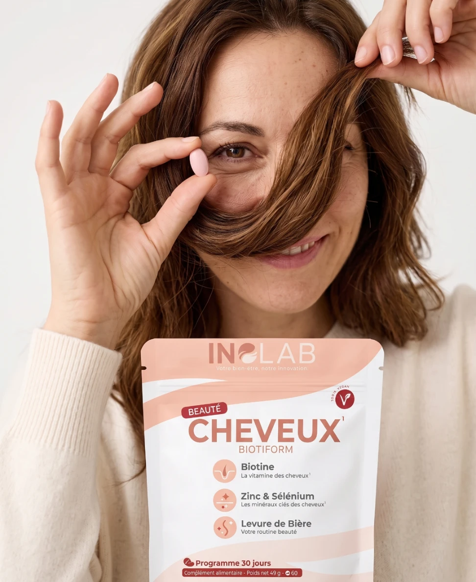 Infographie BIOTIFORM : biotine et zinc contribuant au maintien de cheveux normaux et d'ongles normaux