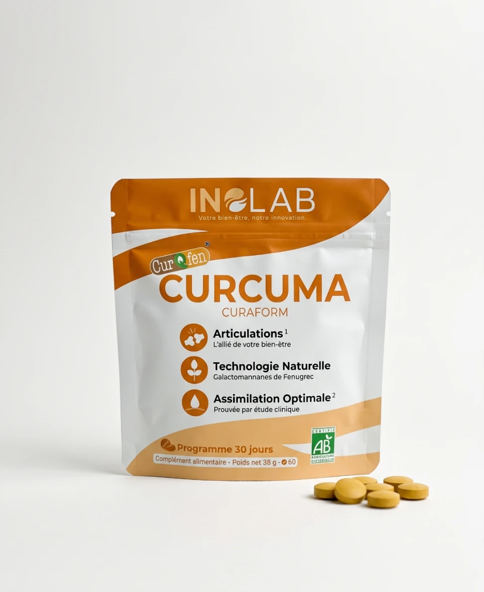 Sachet CURAFORM Inolab : 60 comprimés de curcuma bio titré en curcumine CurQfen®, fabriqués en France
