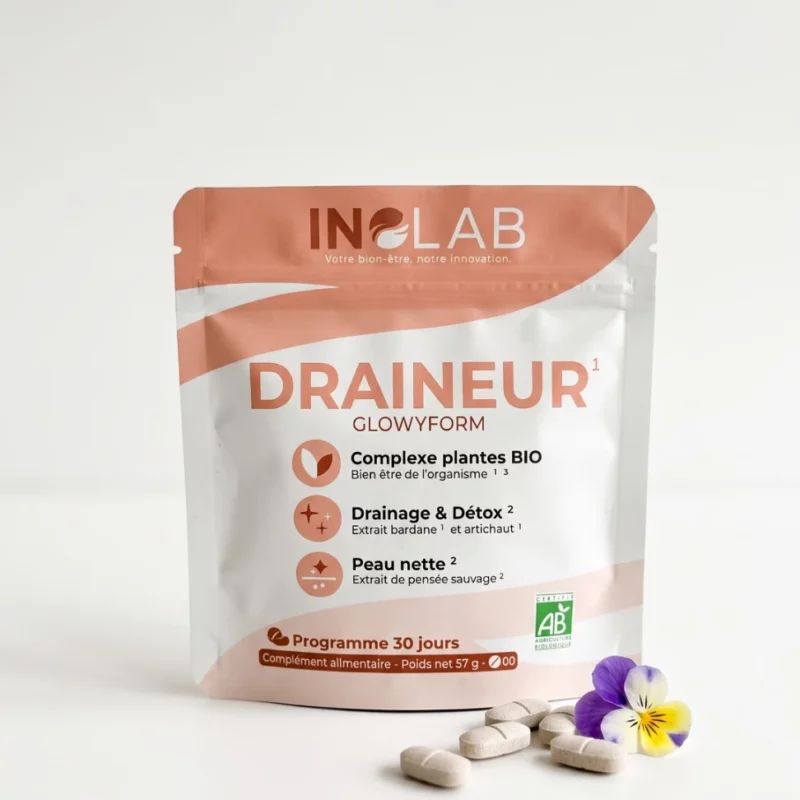 Sachet GLOWYFORM Inolab : 60 comprimés drainants bio à la bardane, à l'artichaut et à la pensée sauvage