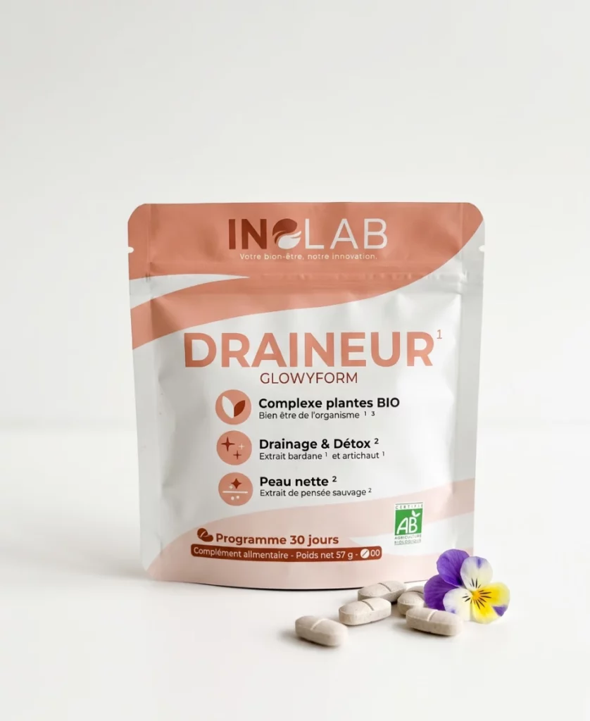 Sachet GLOWYFORM Inolab : 60 comprimés drainants bio à la bardane, à l'artichaut et à la pensée sauvage