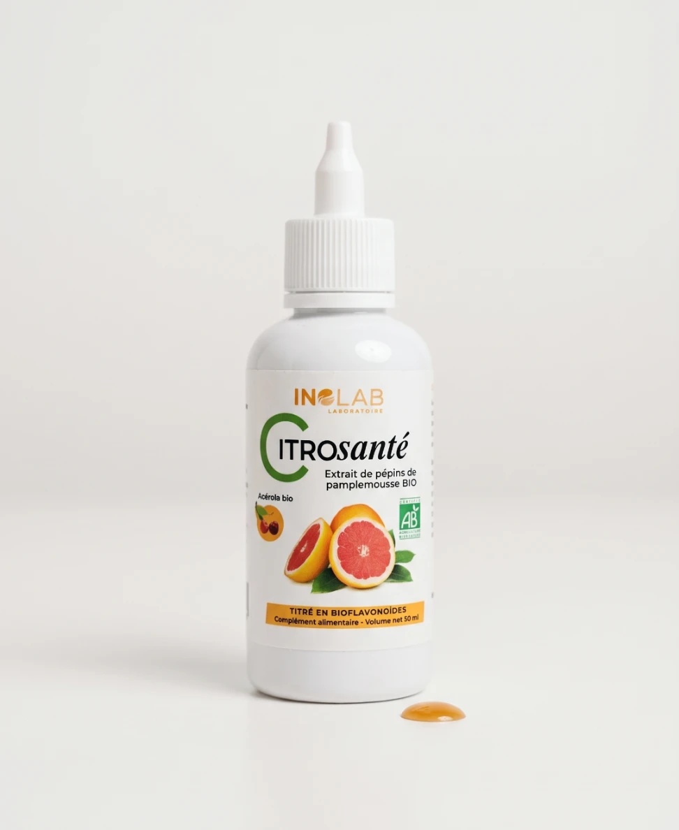 Flacon compte-gouttes CITROSANTÉ Inolab 50 ml : extrait de pépins de pamplemousse bio et acérola bio