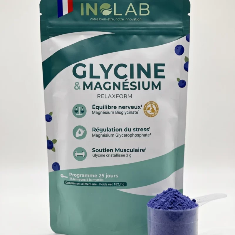 Sachet RELAXFORM Inolab : poudre de glycine et magnésium, arôme myrtille, 25 doses avec cuillère doseuse