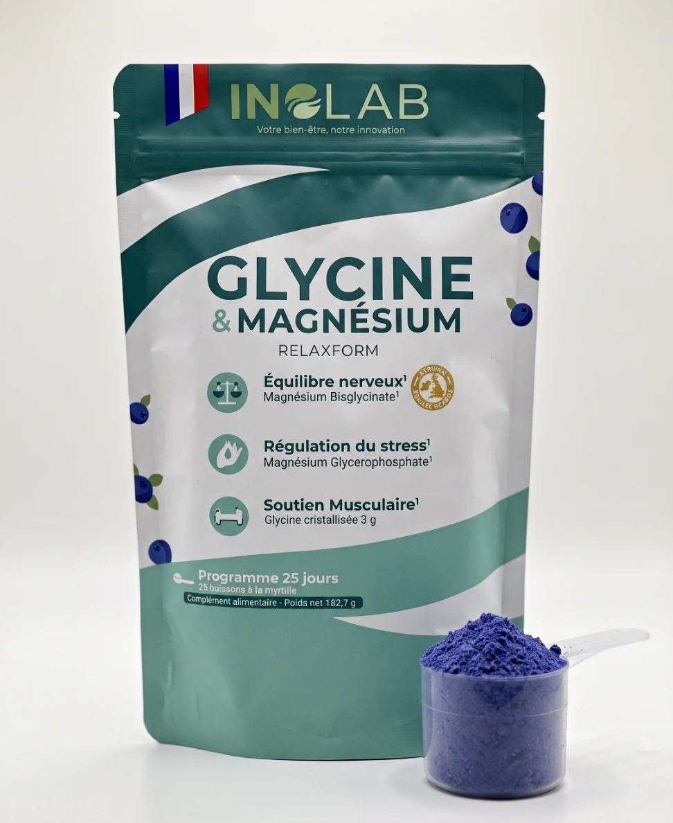 Sachet RELAXFORM Inolab : poudre de glycine et magnésium, arôme myrtille, 25 doses avec cuillère doseuse