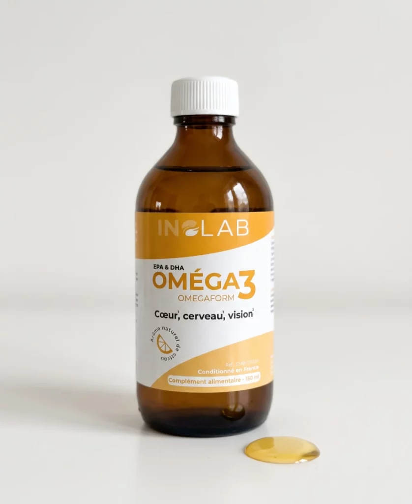 Bouteille OMEGAFORM Inolab 150 ml avec pipette doseuse : huile d'oméga 3 EPA et DHA EPAX®, arôme citron