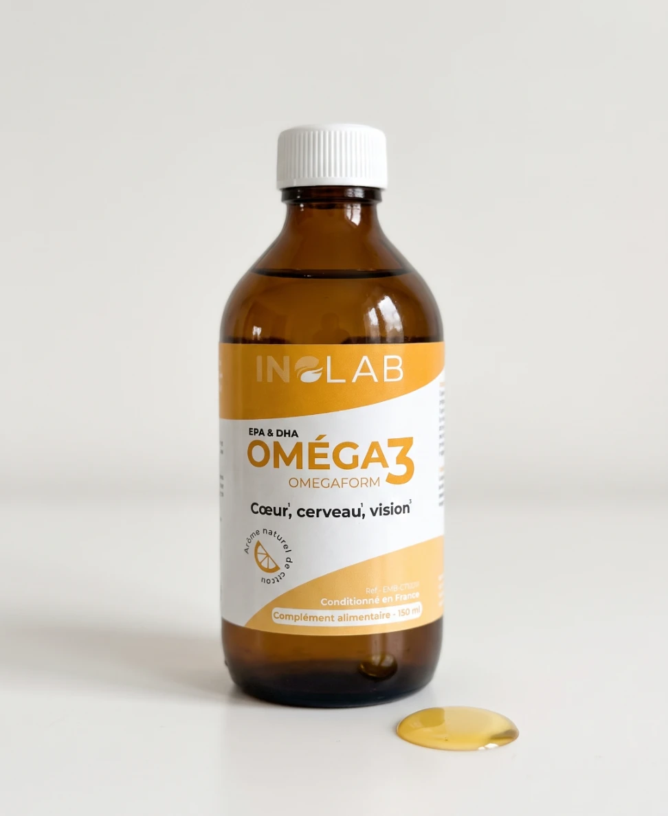 Bouteille OMEGAFORM Inolab 150 ml avec pipette doseuse : huile d'oméga 3 EPA et DHA EPAX®, arôme citron