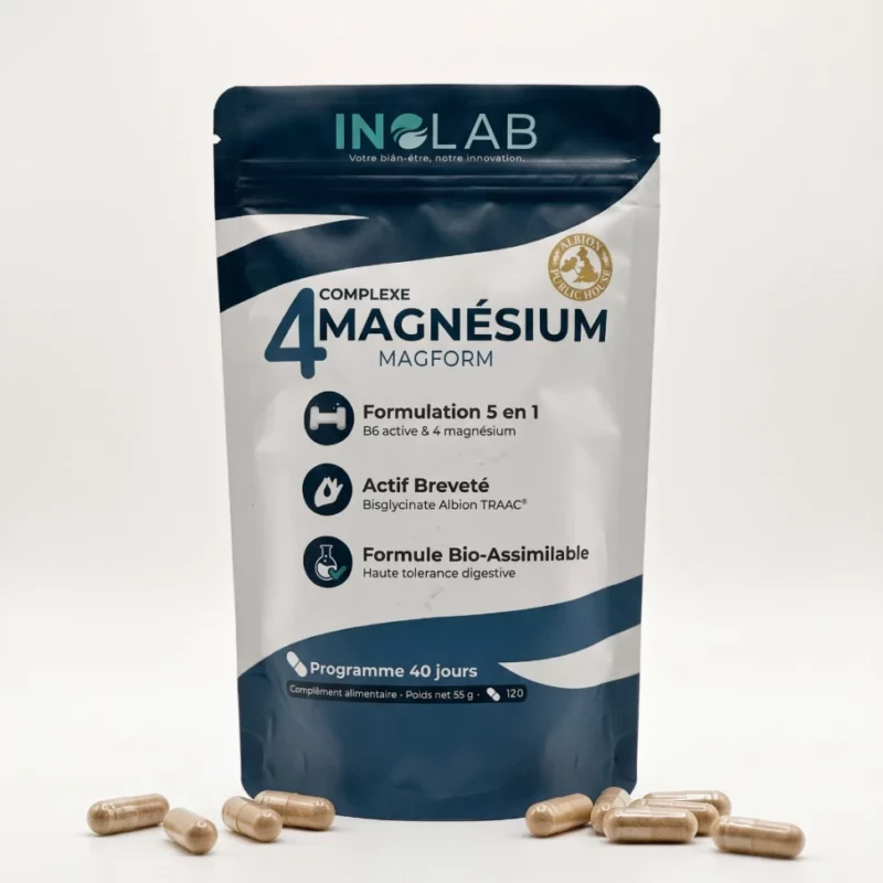 Sachet MAGFORM Inolab : 120 gélules de magnésium 4 formes et vitamine B6, dont bisglycinate Albion Traacs®