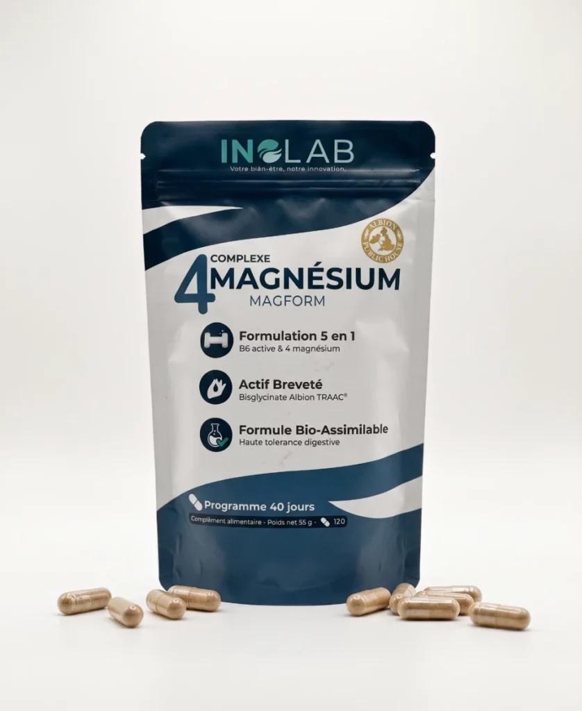 Sachet MAGFORM Inolab : 120 gélules de magnésium 4 formes et vitamine B6, dont bisglycinate Albion Traacs®