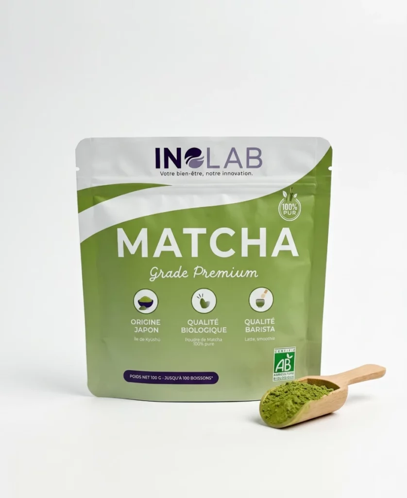 Sachet MATCHA BIO Inolab 100 g : poudre de thé vert matcha bio du Japon, île de Kyushu, grade premium