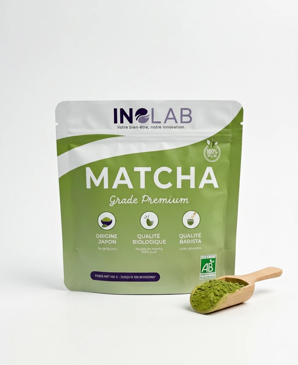 Sachet MATCHA BIO Inolab 100 g : poudre de thé vert matcha bio du Japon, île de Kyushu, grade premium
