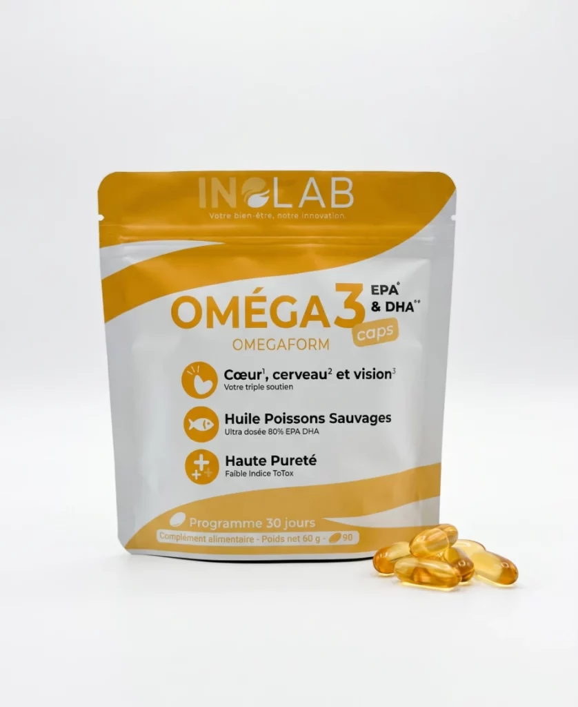 Sachet OMEGAFORM Caps Inolab : 90 capsules d'oméga 3 EPA et DHA de qualité EPAX®, sans goût de poisson