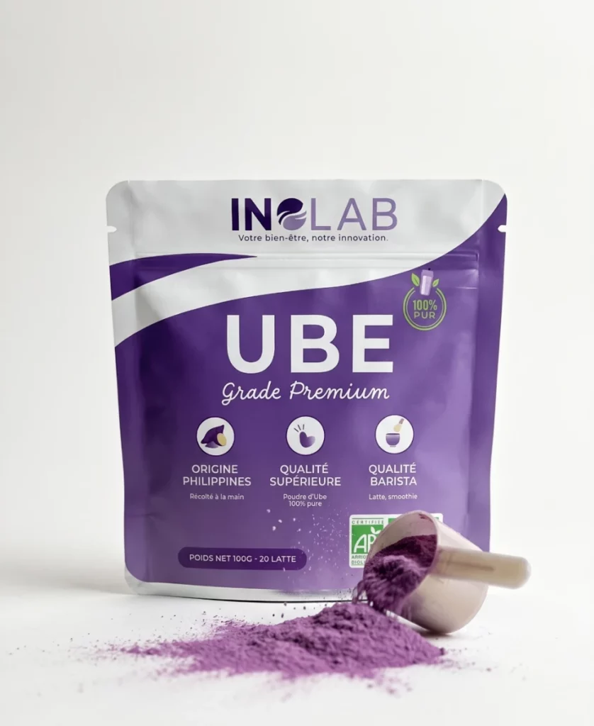 Sachet UBE BIO Inolab 100 g : poudre d'ube bio, igname violet des Philippines, certifiée FR-BIO-10