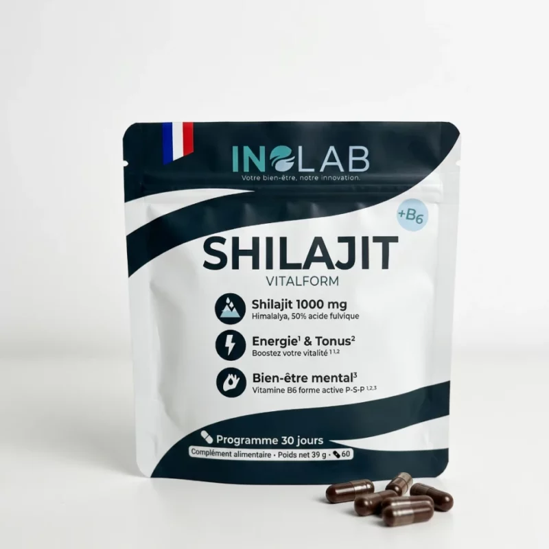 Sachet VITALFORM Inolab : 60 gélules de shilajit pur de l'Himalaya titré en acide fulvique et vitamine B6