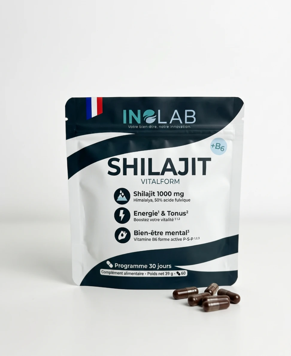 Sachet VITALFORM Inolab : 60 gélules de shilajit pur de l'Himalaya titré en acide fulvique et vitamine B6