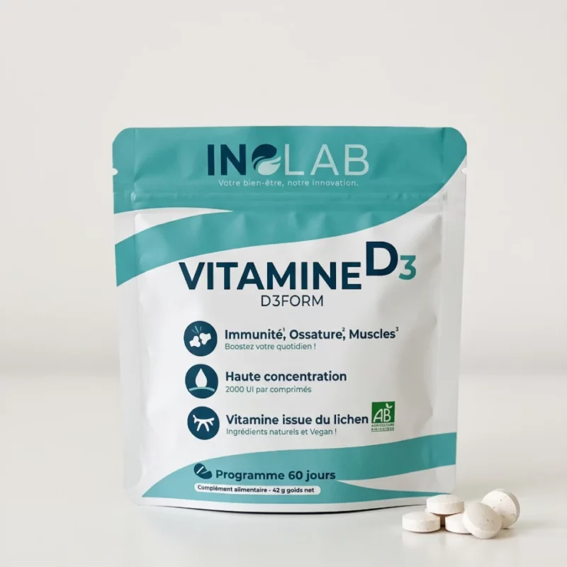 Sachet D3FORM Inolab : 60 comprimés de vitamine D3 vegan 2000 UI issue du lichen bio, fabriqués en France
