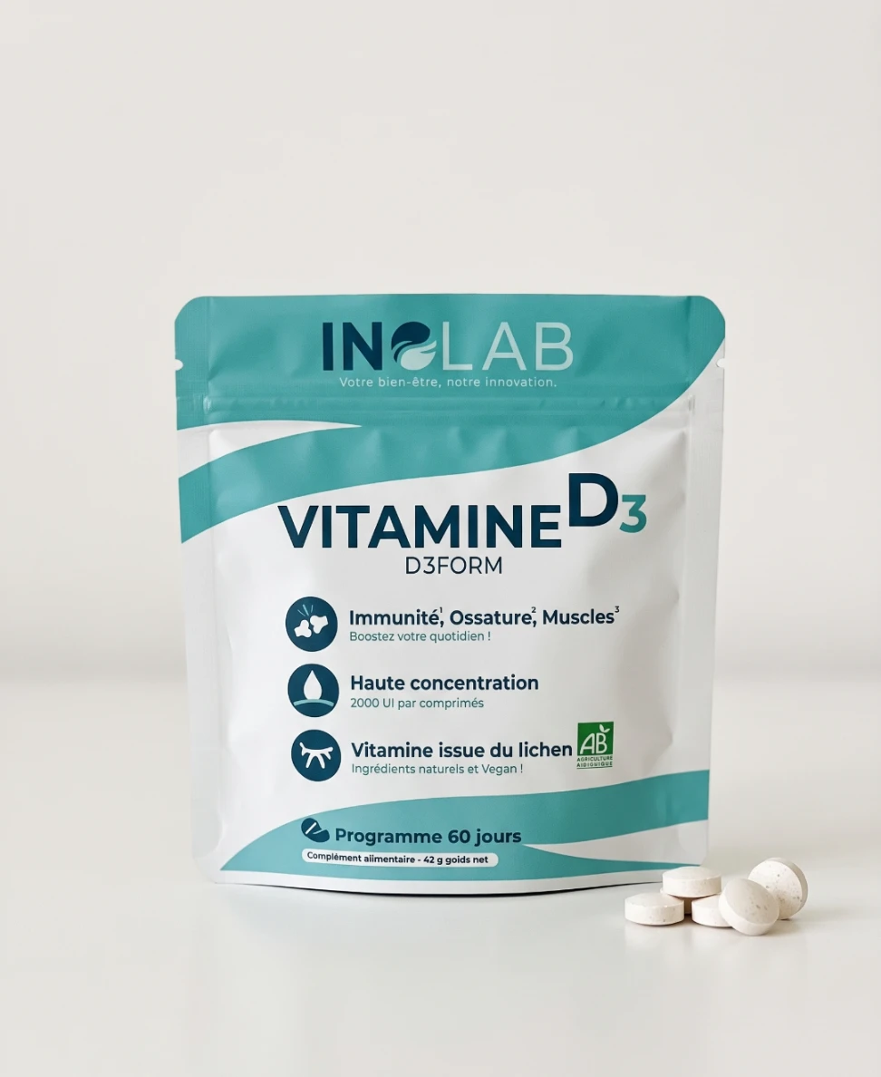 Sachet D3FORM Inolab : 60 comprimés de vitamine D3 vegan 2000 UI issue du lichen bio, fabriqués en France