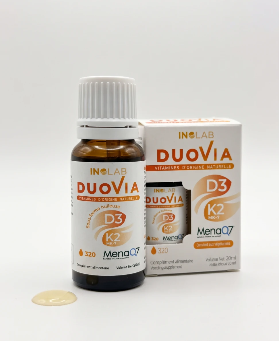 Flacon compte-gouttes DUOVIA Inolab 20 ml : vitamine D3 1600 UI et K2-MK7 MenaQ7® en formule huileuse