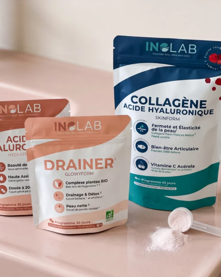 pack beauté peau et collagène inolab, gélules et comprimé de collagène marin, acide hyaluronique et draineur detox bio pour l'éclat et l'hydratation de la peau