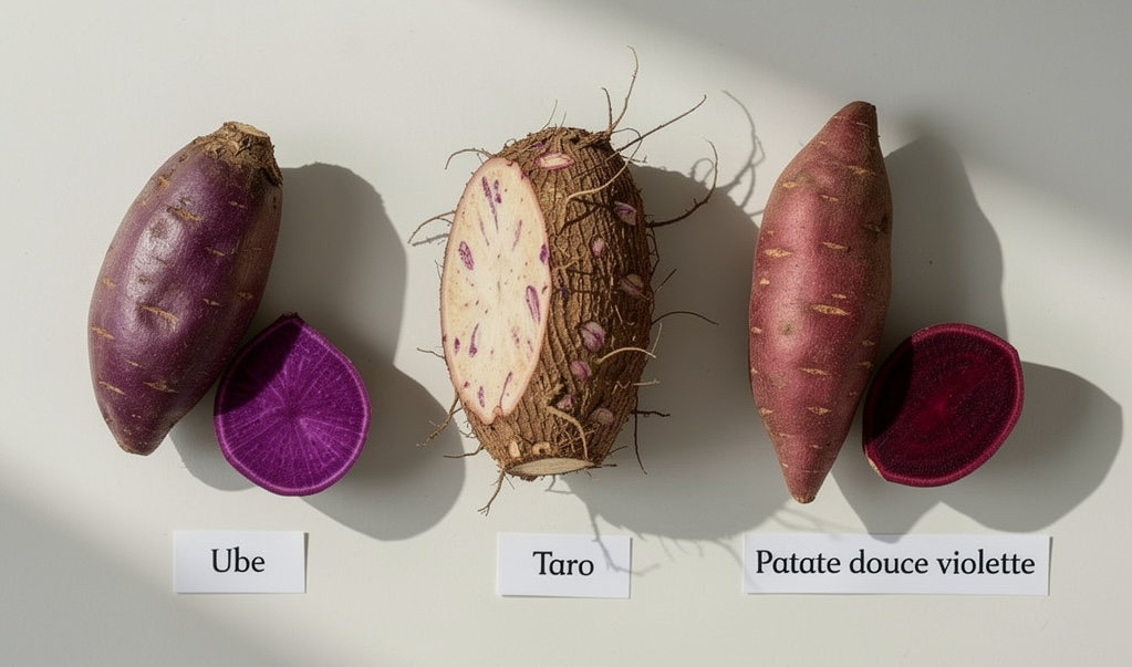 Comparatif de trois tubercules : l'ube à la peau violette et chair violet vif, le taro à la peau brune velue et chair blanche tachetée de violet, et la patate douce violette à la peau rosée et chair pourpre foncé